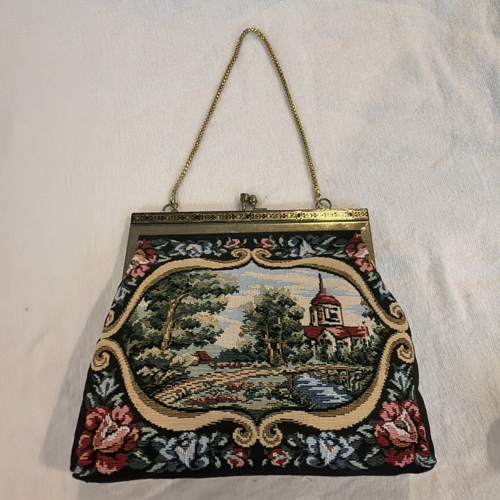 Vintage Petit Point Tapestry Bag: Floral Church Scene, Chain Handle Orig Package